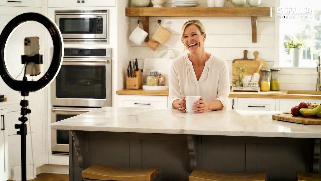 A woman filming herself while having her coffee in her kitchen.