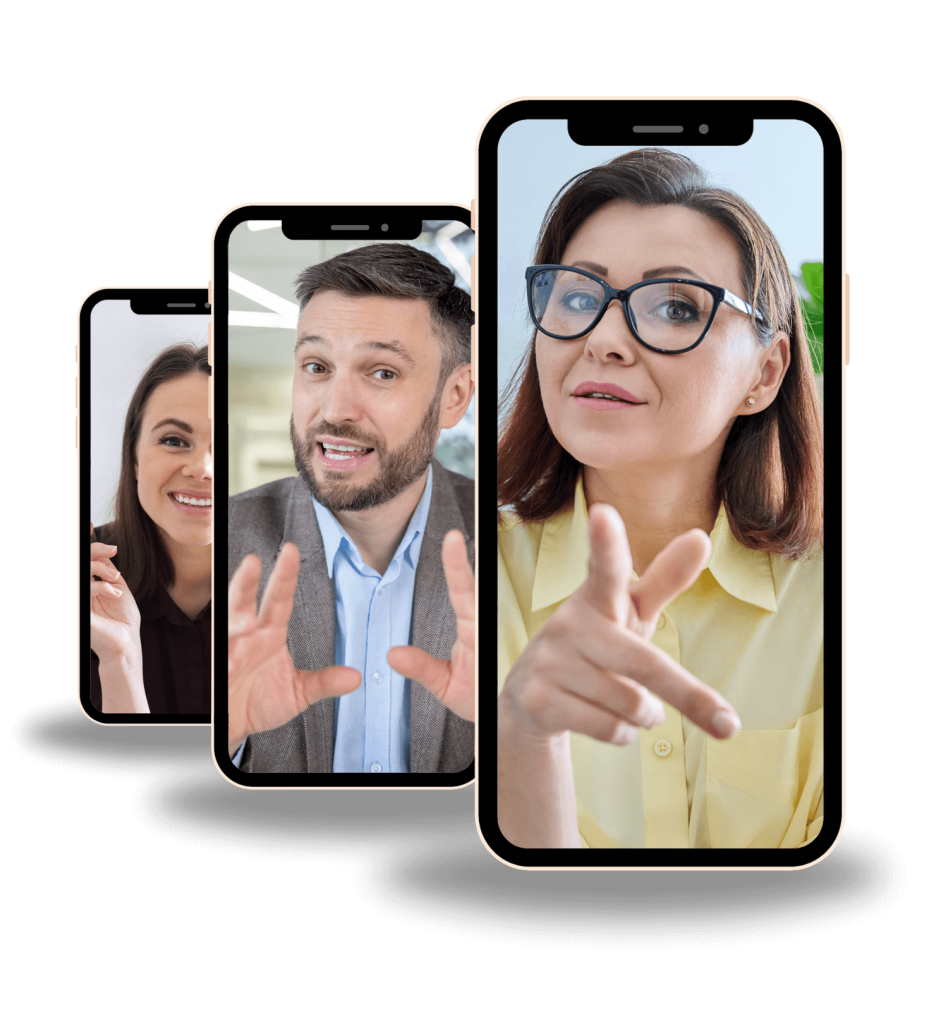 Three phones are displaying three different people, each seemingly speaking to the viewers.