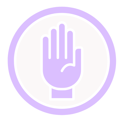 A purple graphic of a hand signaling to stop.