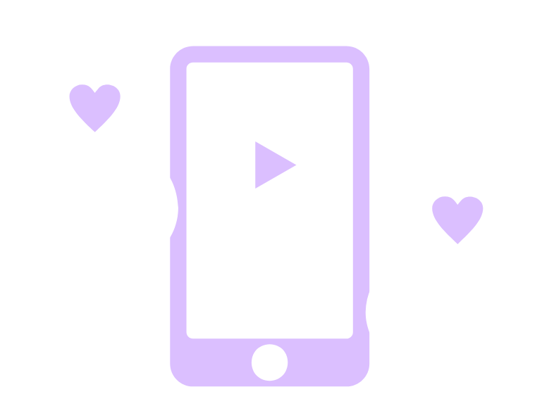 A purple graphic of a phone with a play button on the screen and hearts floating around it.