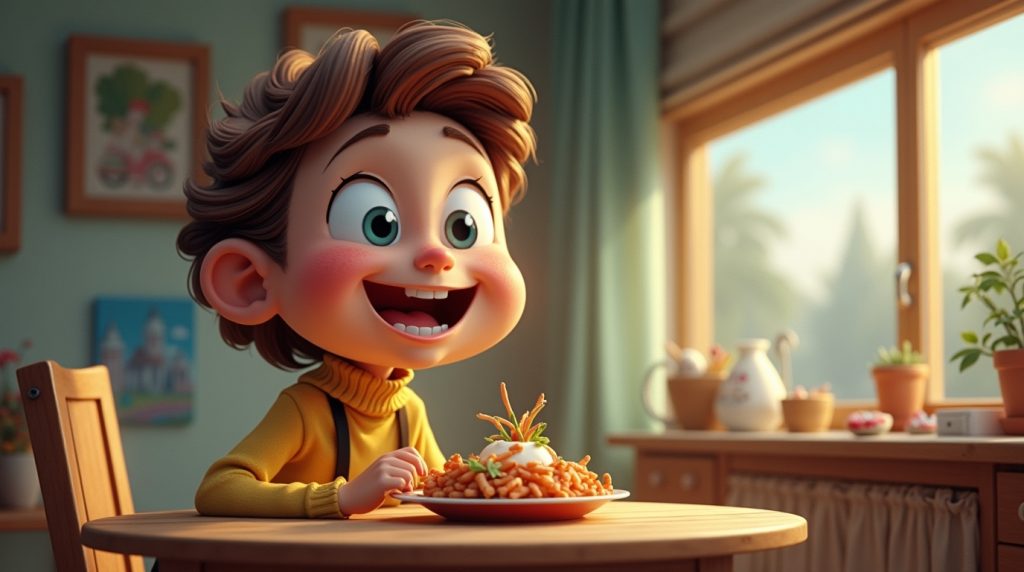 An animated graphic of a kid wearing a yellow sweater, eating fries.