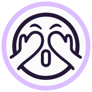 A purple graphic of an emoji covering his eyes and in shock.