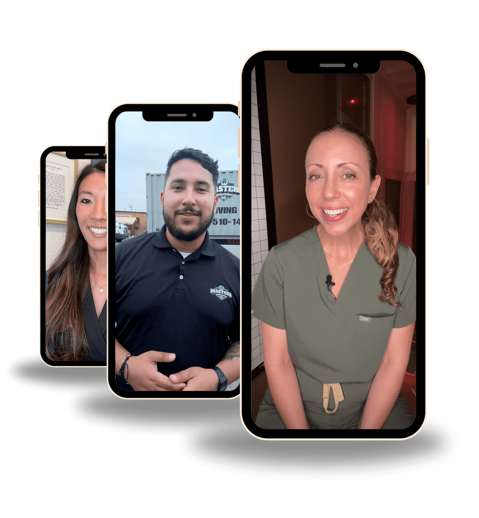 Three phones are displaying three different people who are all smiling.