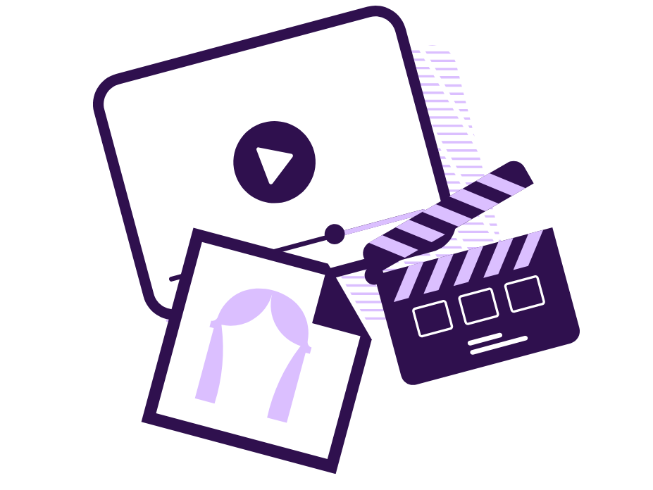 A purple graphic of a clapboard, a screenplay, and an icon of a theater curtain.