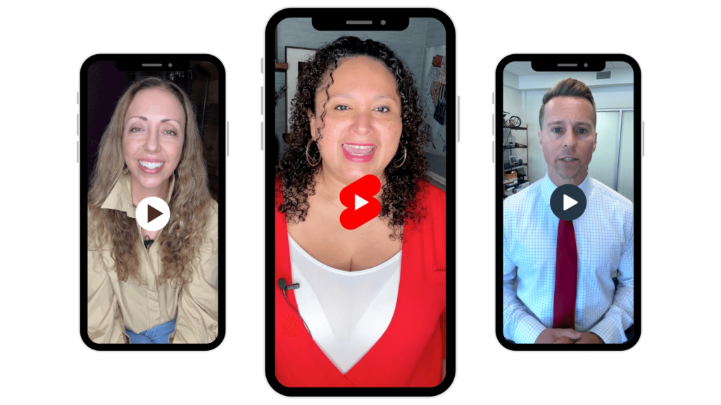 Three phones are displaying YouTube thumbnails of three different people who are seemingly speaking to the viewer.