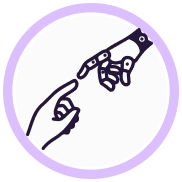 A purple graphic of a human hand and a robot hand trying to reach each other.