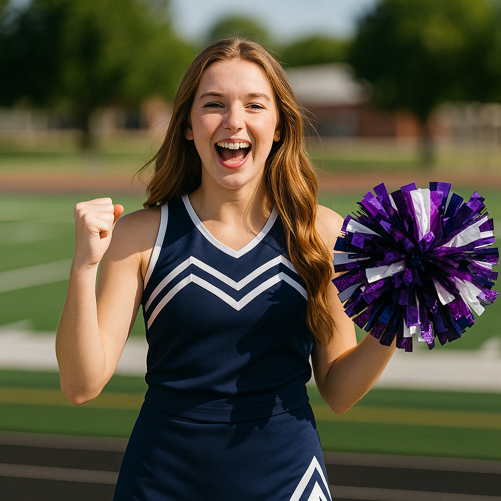 A cheerleader in a blue uniform is holding a white and violet pompom while cheering on an open field.