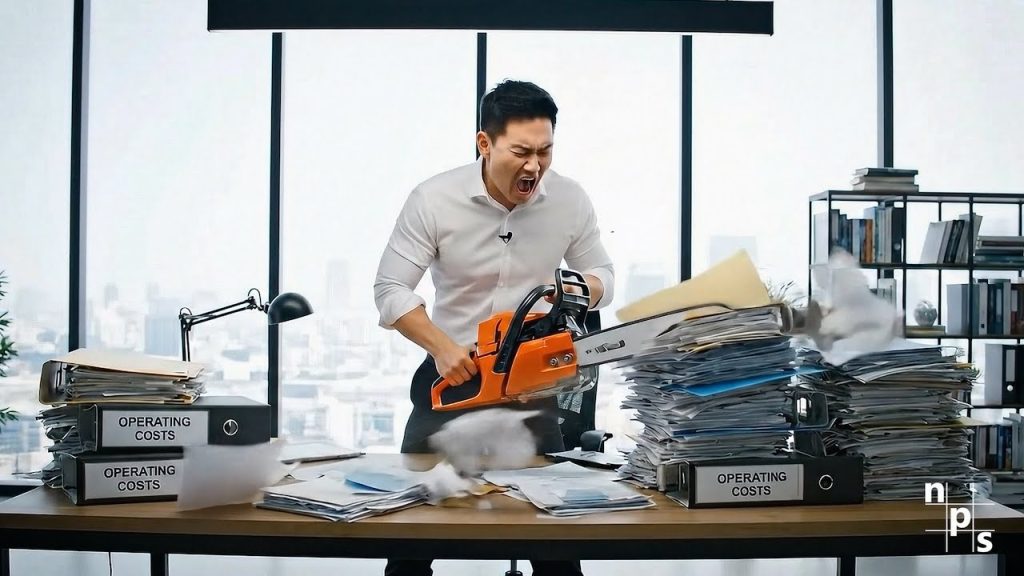 frustrated man chain sawing through stack of office papers
