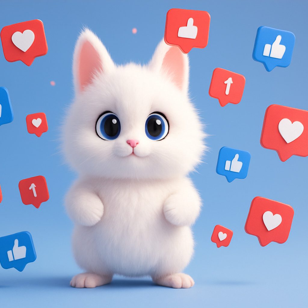 A cute white cat in a blue background with floating hearts and like icons.