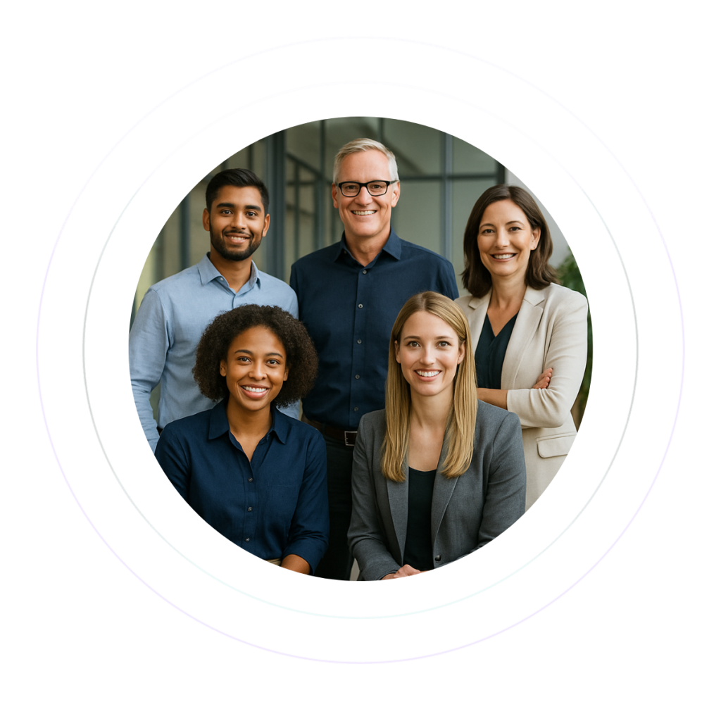 Five corporate employees in a group portrait inside a room with great lighting.