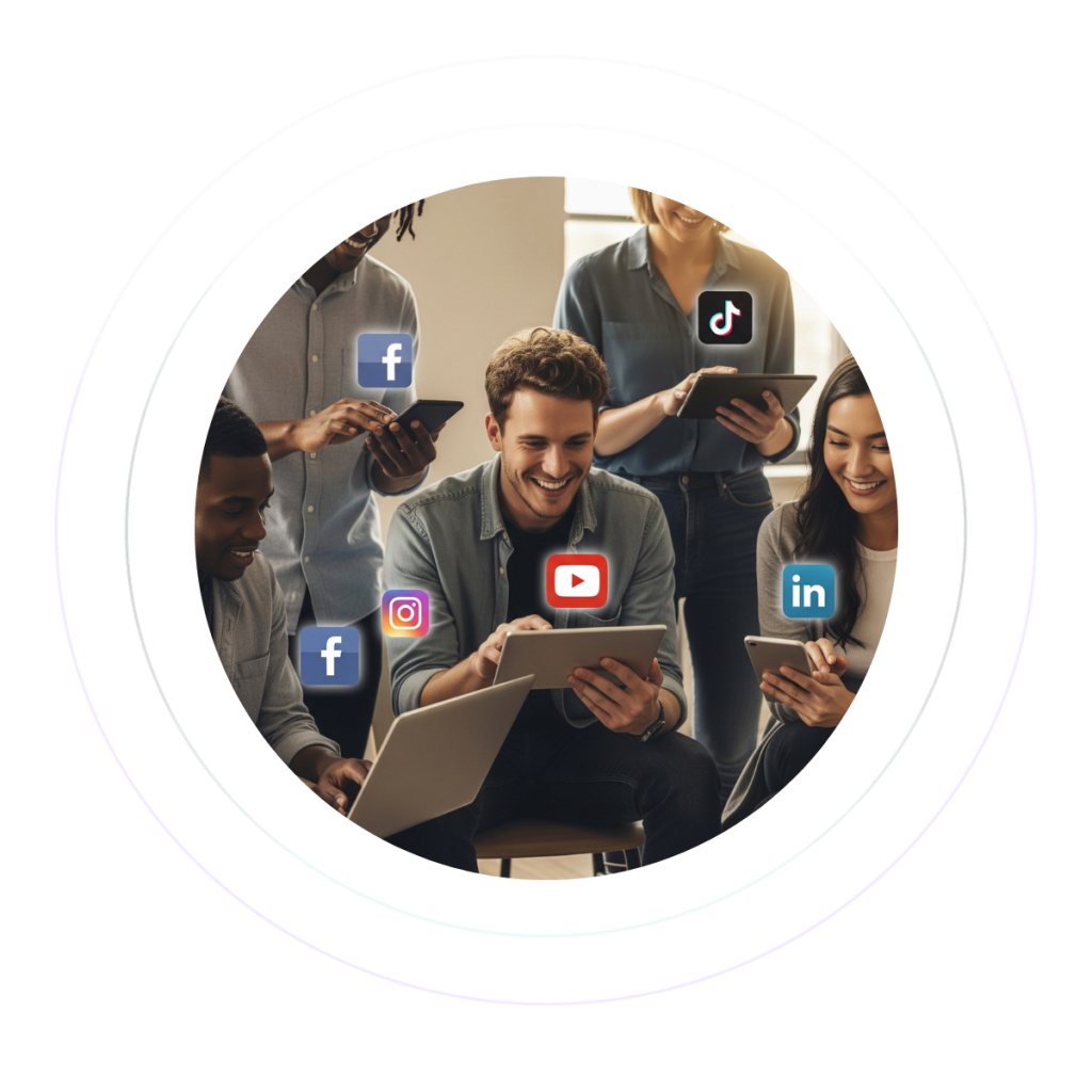 A group of young professionals is working on their digital devices with social media pop-ups around them.