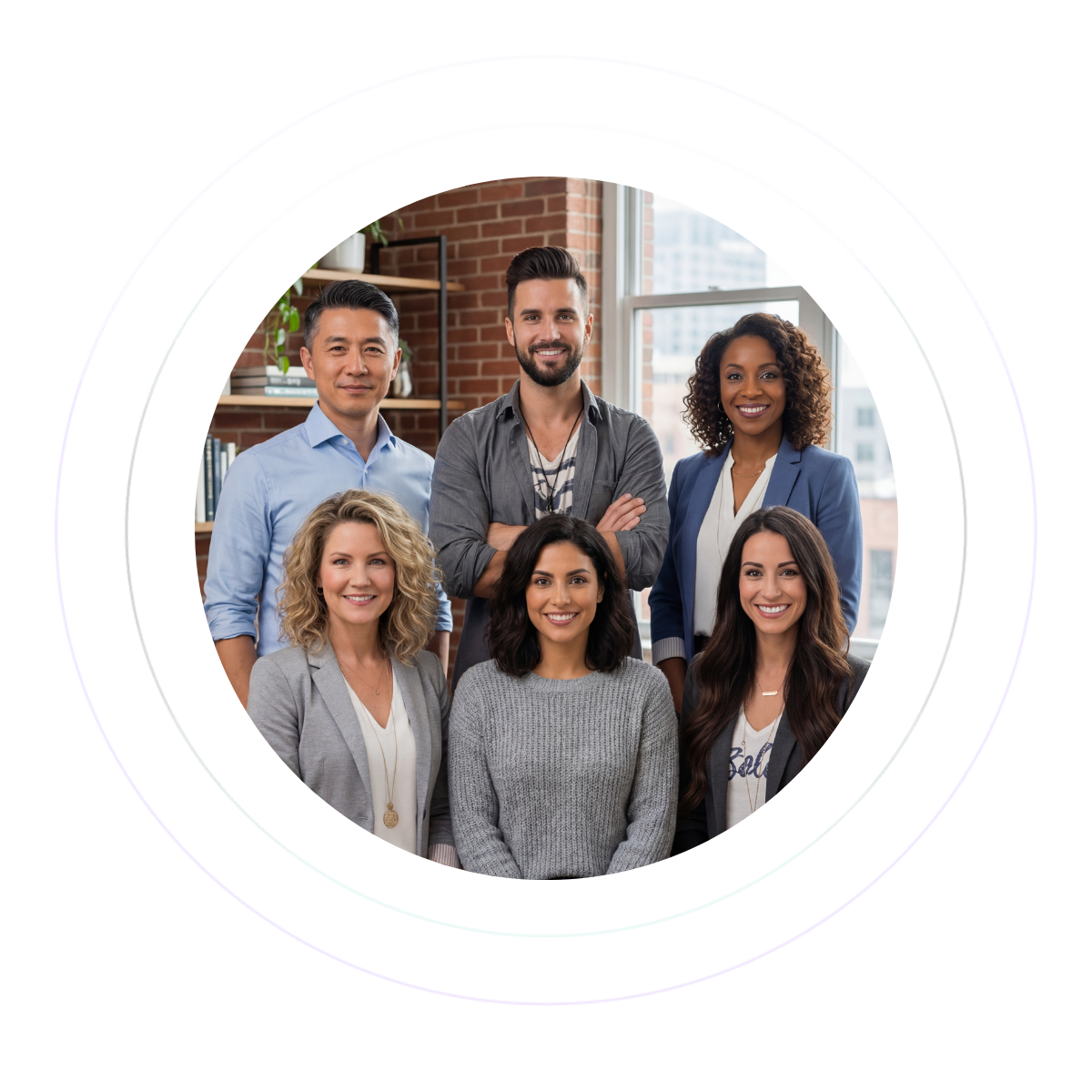 The Geffner Productions AI Employees pose for a picture in the office.